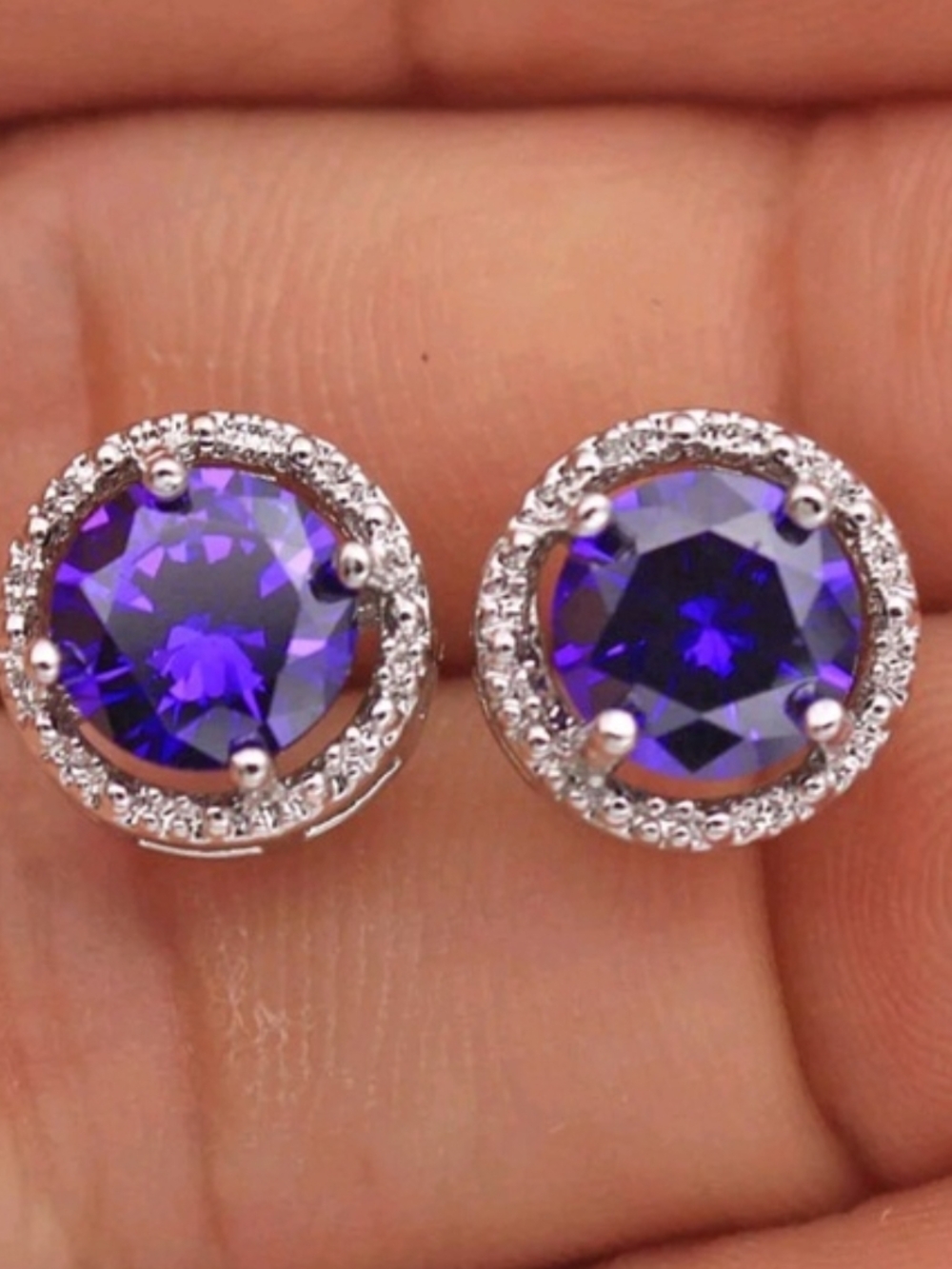 Sterling Silver Round Purple CZ Halo Stud Earrings
